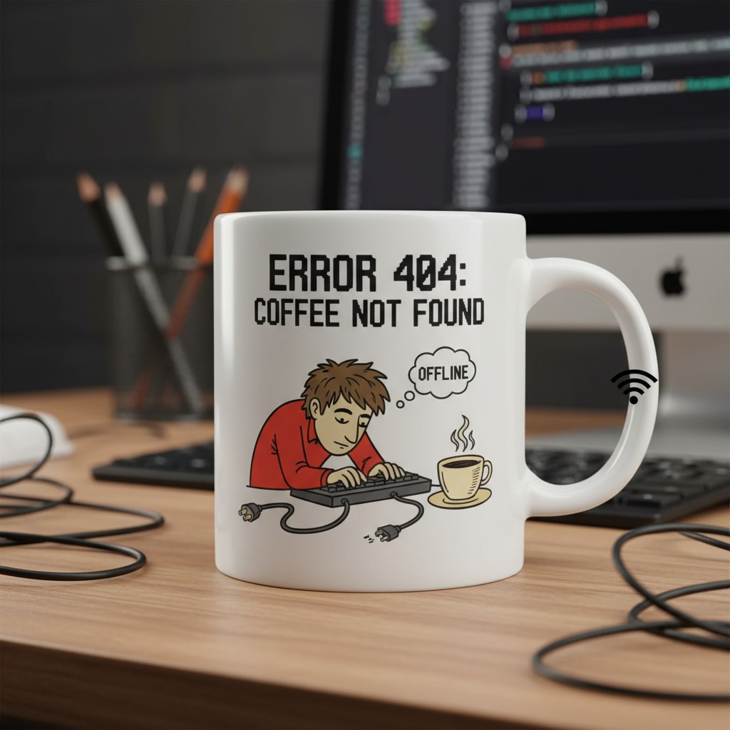 gere uma caneca branca, com a mensagem "Erro 404", que seja divertida, que lembre que o programador sem café esta fora do ar