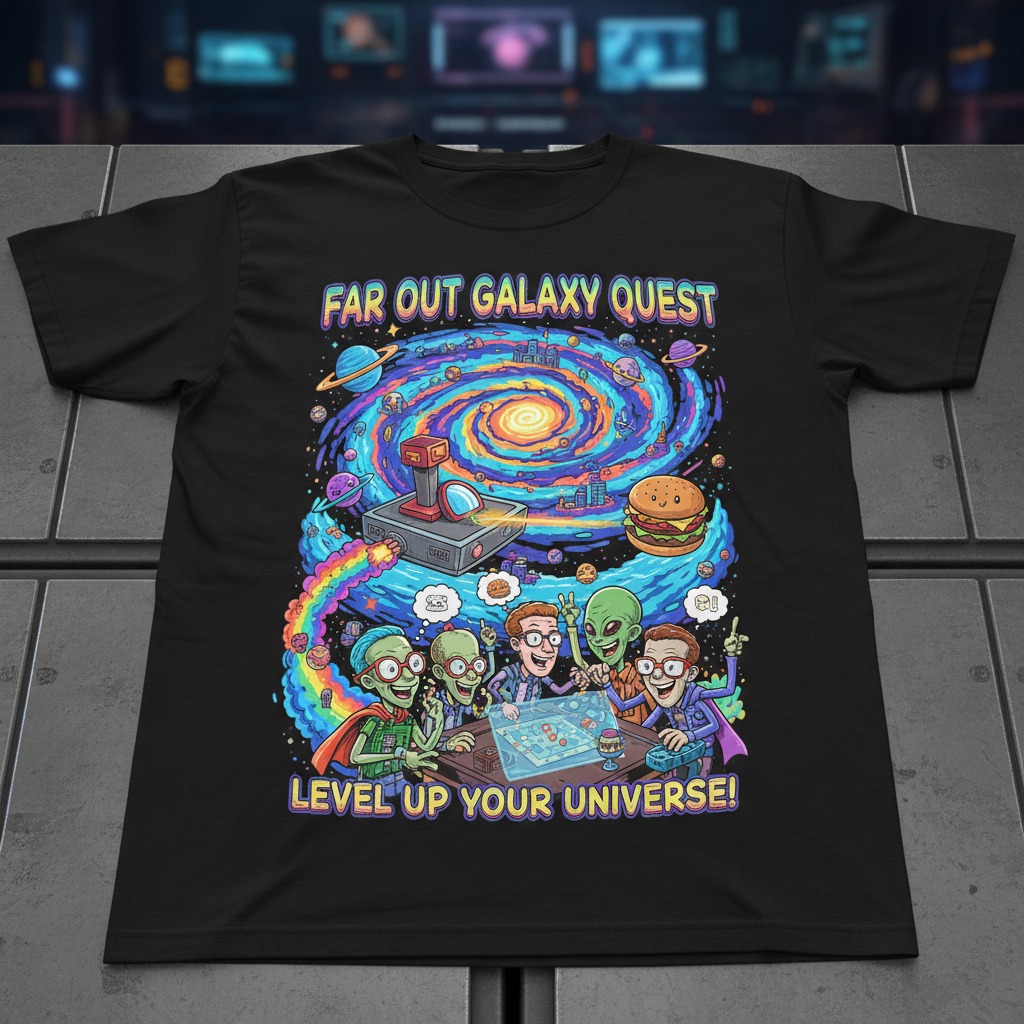 gere uma camiseta preta, Sci-fi Galaxia Distante, para o publico Nerd, que seja divertida, imagem colorida, para chamar a atenção, foco na camiseta