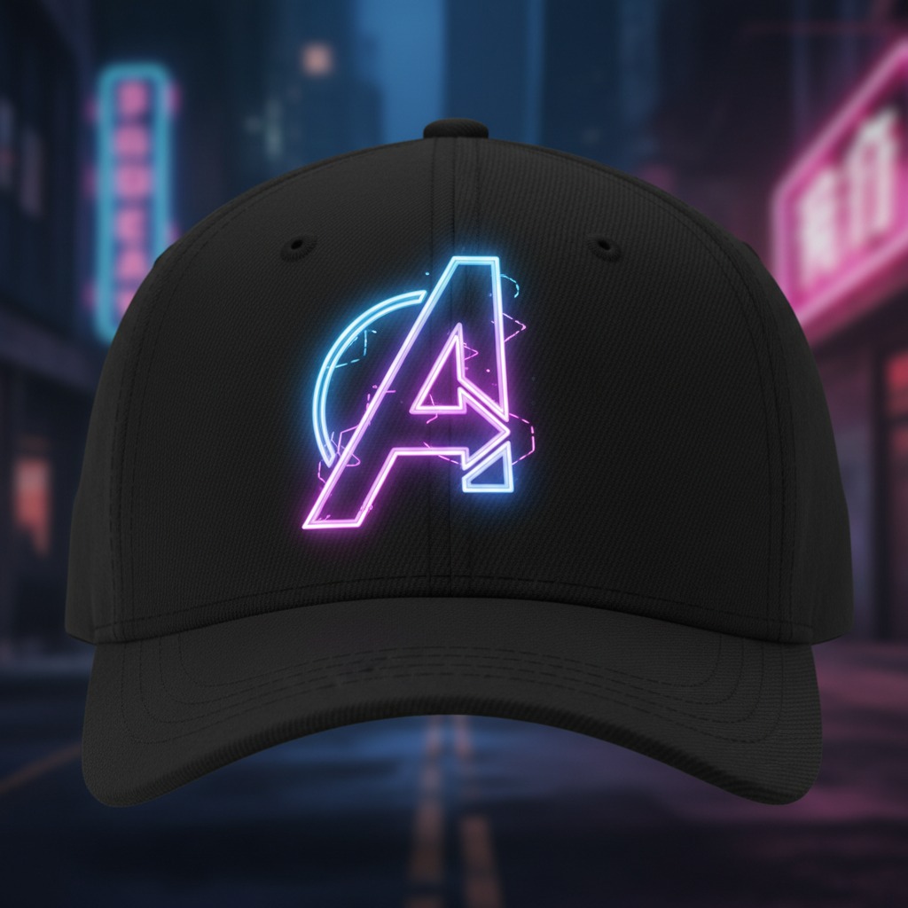 gere um boné preto, com o "A" do Avengers estilo neon moderno